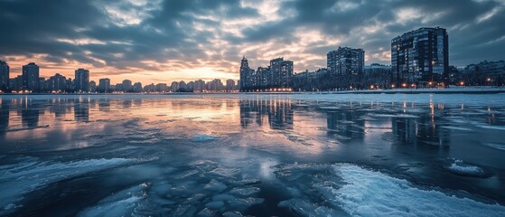 Fototapeta premium Majestic ice-capped mountains and floating icebergs reflect in calm blue waters at dawn in a serene arctic landscape