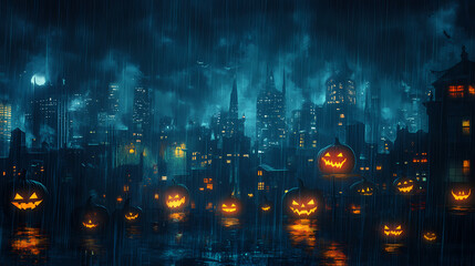 Technologically enhanced vampire haunting rain soaked city on all hallows eve. Hallowed. Illustration