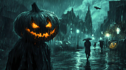 Technologically enhanced vampire haunting rain soaked city on all hallows eve. Hallowed. Illustration
