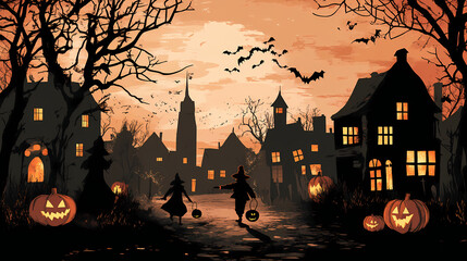 Trick-or-treating on halloween. all hallows eve. smalltown halloween night. trick or treat. Hallowed. Illustration