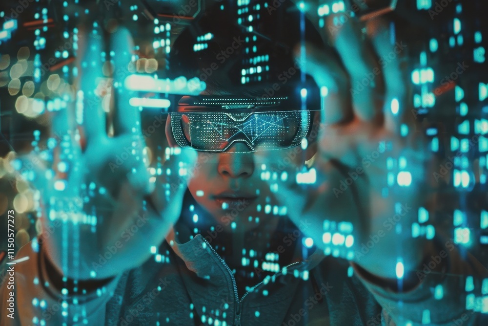 Poster digital interface interaction with futuristic technology in a dark setting during evening hours