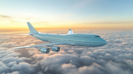 Fototapeta premium Wide-Angle View of a Commercial Airplane Gliding Above Clouds at Sunset, Showcasing Wings and Air Travel Experience