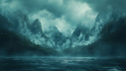 Fototapeta premium Misty mountain range overlooking a tranquil lake.