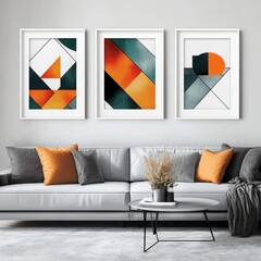 Stylish Living Room With Modern Art Prints Featuring Geometric Designs in Orange, Green, and White Displayed Above a Comfortable Gray Sofa