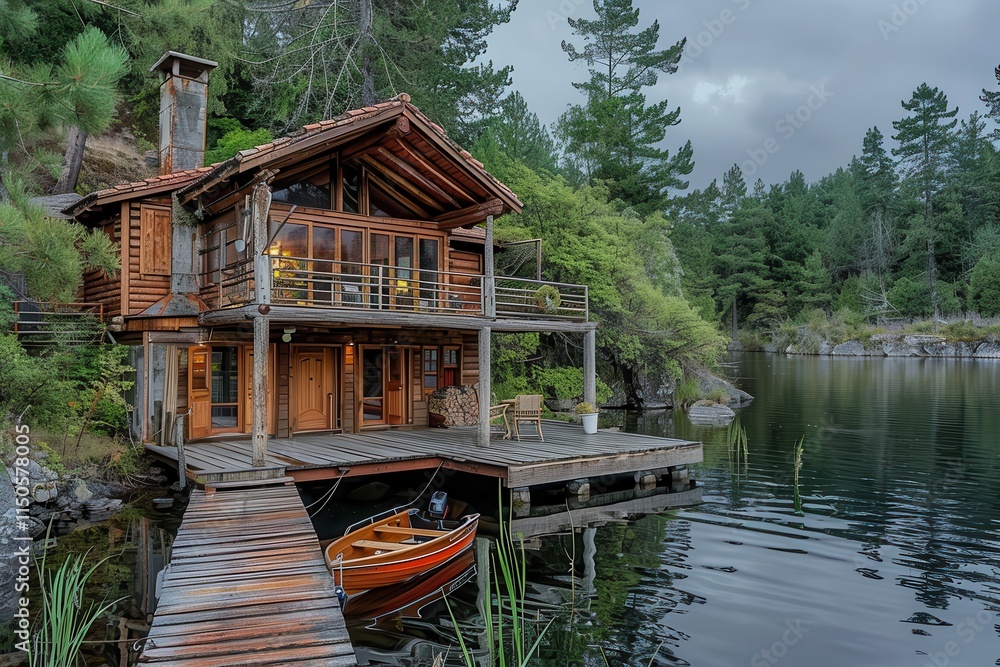 Wall mural Calm lakeside cabin with lush greenery during a sunny afternoon in a serene forested area