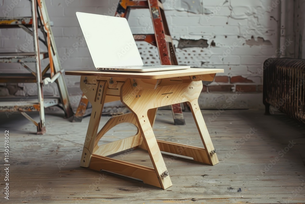 Aufkleber Laptop on wooden stand for improved ergonomics in a minimalist workspace with focus on productivity and organization