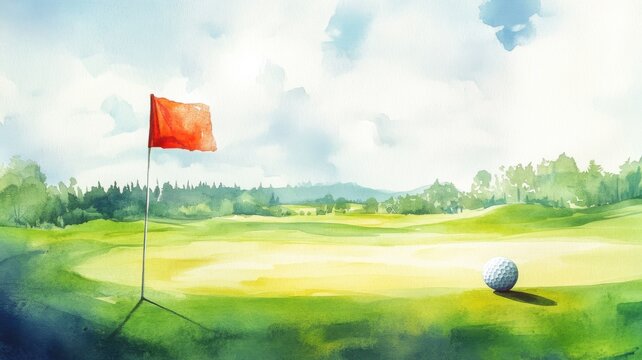 Watercolor golf scene golf course artwork serene landscape aerial view outdoor recreation