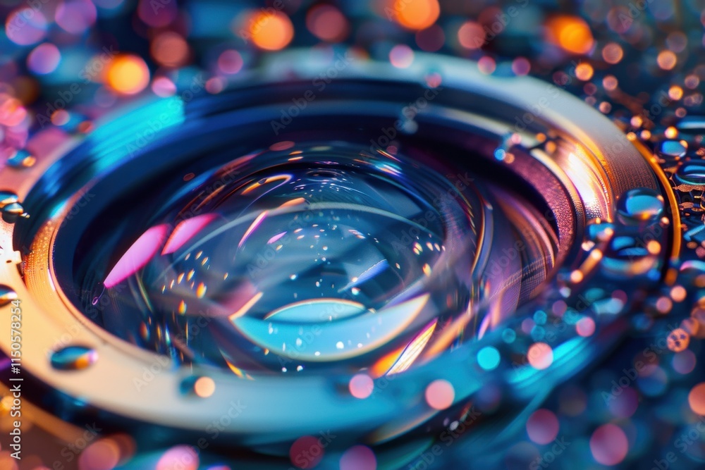 Poster close-up of a camera lens surrounded by colorful water droplets in a vibrant artistic arrangement du