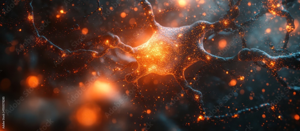 Poster glowing neuron transmitting signals in the brain.