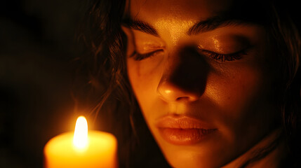 A sorrowful face with closed eyes illuminated by a single candle in darkness.