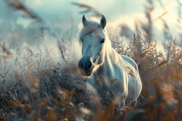 Magical white unicorn with shimmering mane and golden horn galloping gracefully across a fantasy landscape