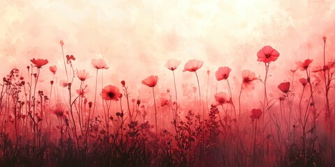 Field of red flowers with a pink background