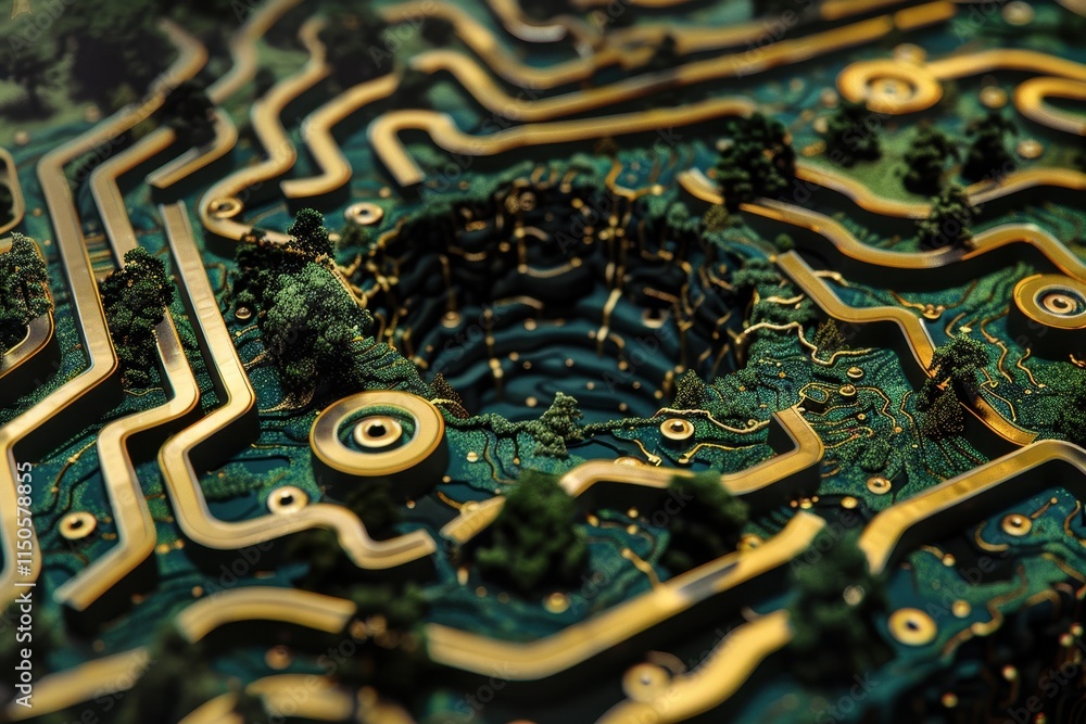 Poster Exploring the intricate patterns and components of a green circuit board filled with electronic parts and connections