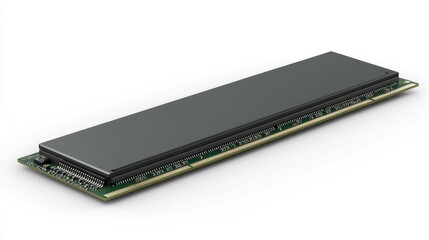 Modern computer memory module, rectangular shape, dark gray casing, electronic components, mounted on circuit board, isolated on white background..