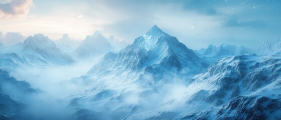 Fototapeta premium Majestic ice-capped mountains and floating icebergs reflect in calm blue waters at dawn in a serene arctic landscape