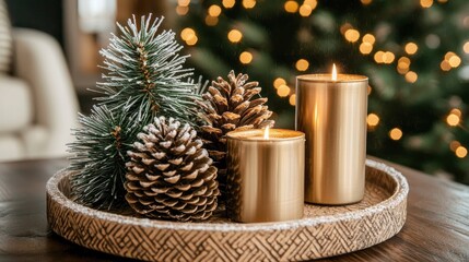 Golden Candles and Winter Decor on Wooden Tray with Christmas Tree Lights in Background