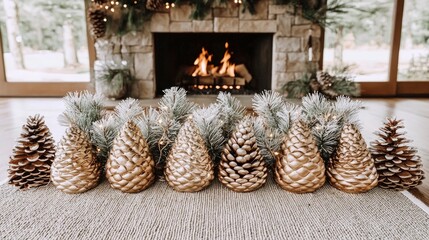 Gold Pine Cones Christmas Decor Fireplace Mantelpiece