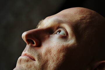 Naklejka premium Close-Up Portrait of a Shaved Man Gazing Upward, Capturing the Essence of Baldness in a Half-Head Shot