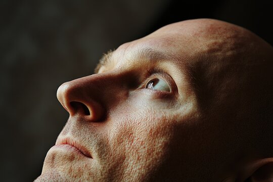 Close-Up Portrait of a Shaved Man Gazing Upward, Capturing the Essence of Baldness in a Half-Head Shot