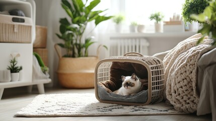 A cozy cat resting in a stylish pet carrier amidst a bright, plant-filled room.