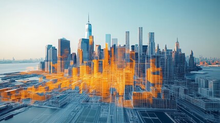 Modern City Skyline Featuring an Artistic Digital Overlay of Data and Structures, Highlighting Innovative Architecture and Urban Design at Sunset