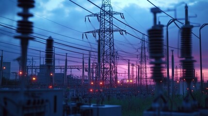 A photograph of an electrical substation at dusk, with numerous lights and power components visible in the foreground