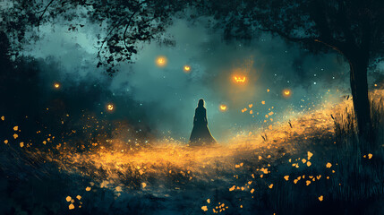 Midnight whispers of golden witchcraft on all hallows' eve. Hallowed. Illustration