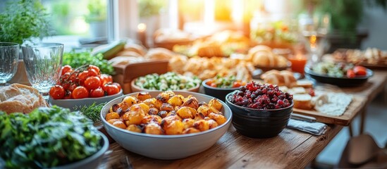 Obraz premium Festive buffet table with variety of healthy dishes.