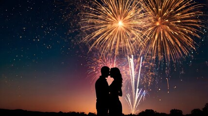Romantic Couple Kisses Under a Spectacular Fireworks Display