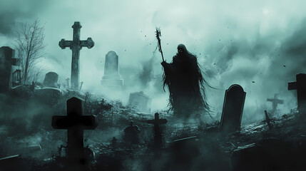 Sinister reaper harvesting souls on all hallows eve in a fog shrouded cemetery. Hallowed. Illustration