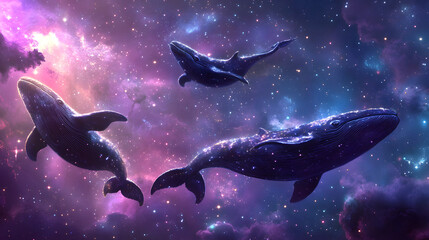 Fototapeta premium A surreal dreamscape with floating celestial whales glowing in a starlit sky.