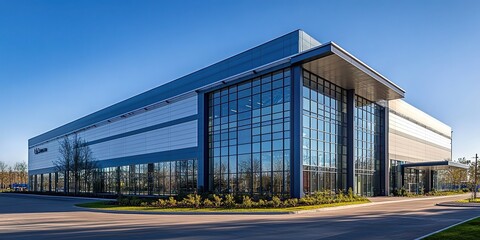 Obraz premium Modern industrial building with a gray and blue color scheme