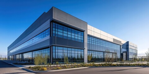 Obraz premium Modern industrial building with a gray and blue color scheme