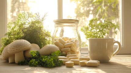 Serene Kitchen Scene with Lion's Mane Supplement Capsules, Fresh Mushrooms, Herbs, and Herbal Tea
