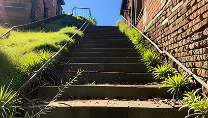 Sunlit Old Stairs Lead Solo Upward Without Crowds Nearby Today.