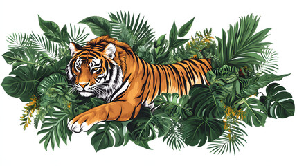 A dynamic tattoo design of a tiger surrounded by jungle foliage.