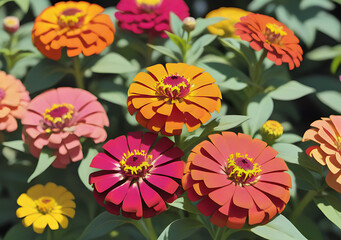 Fototapeta premium Sunny Garden Blooms Vibrant Zinnia Flowers That Attract Pollinators With Their Elegant Petals And Bright Colors.