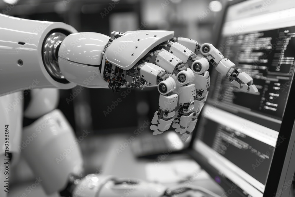 Leinwandbilder robotic hand interacts with computer screen in a modern technology lab during a research demonstrati
