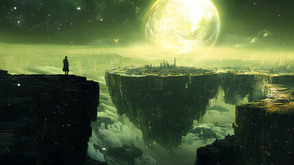 A surreal landscape of floating ruins suspended above a glowing bottomless abyss.