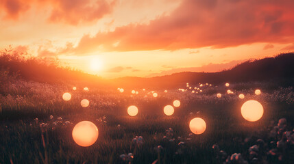 A surreal meadow filled with floating glowing orbs under a fiery sunset.