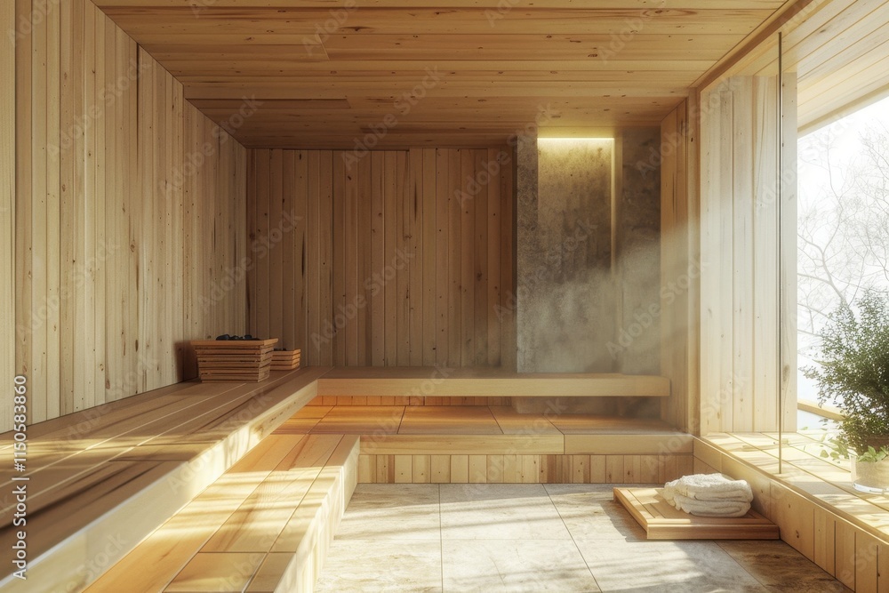 Poster relaxing in a serene wooden sauna overlooking a tranquil lake during sunset with warm light streamin
