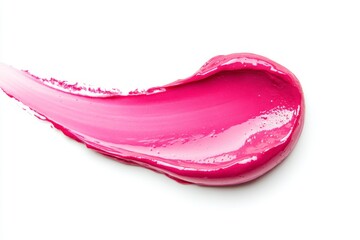 Fototapeta premium Glossy liquid lipstick smear smudge swatch isolated on white background. Cream makeup texture. Bright red color cosmetic product brush stroke swipe. Smudged red lip gloss. Makeup beauty sample cut out