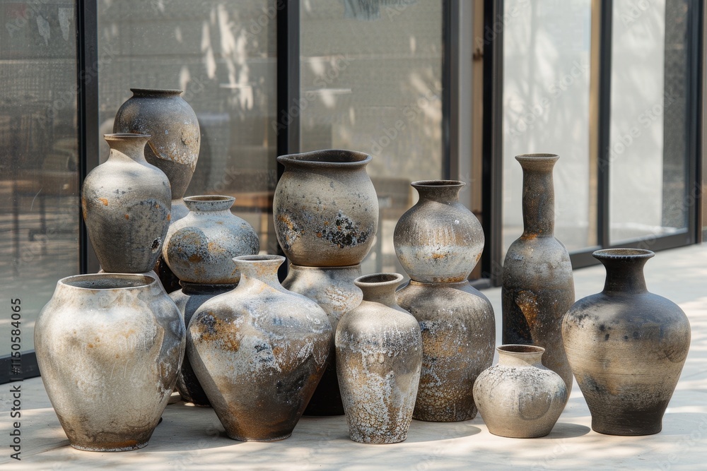 Aufkleber Collection of handcrafted ceramic vases displayed on a rustic wooden shelf in an artist studio with natural light streaming through the window