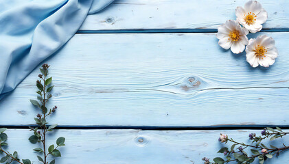 Fototapeta premium Wooden planks with blue tint, some leaves ,and twigs scattered on the surface.