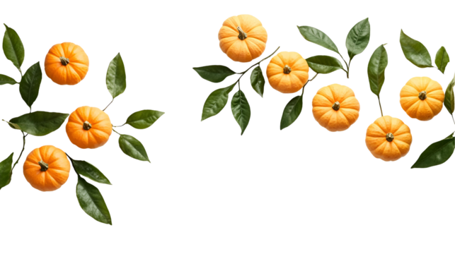 Mini Pumpkins Autumnal Arrangement Green Leaves White Background