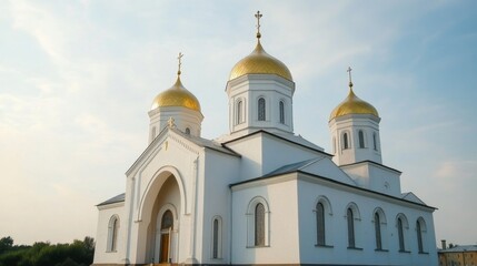 Fototapeta na wymiar Majestic White Church with Golden Domes