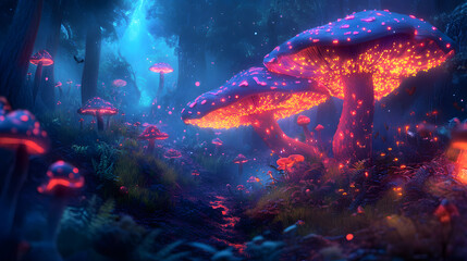 A surreal valley of glowing mushrooms and radiant floating spores.