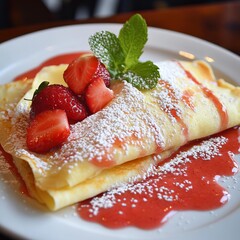 A freshly made crepe filled with sweetened cream cheese and strawberries, dusted with powdered sugar, served on a white plate