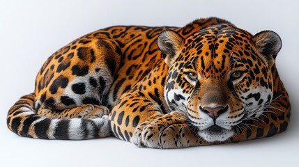 Obraz premium Majestic jaguar resting on white background.