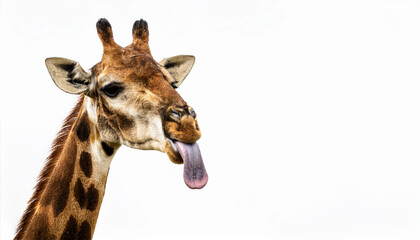 Giraffe sticking out its tongue with a humorous expression on a white background